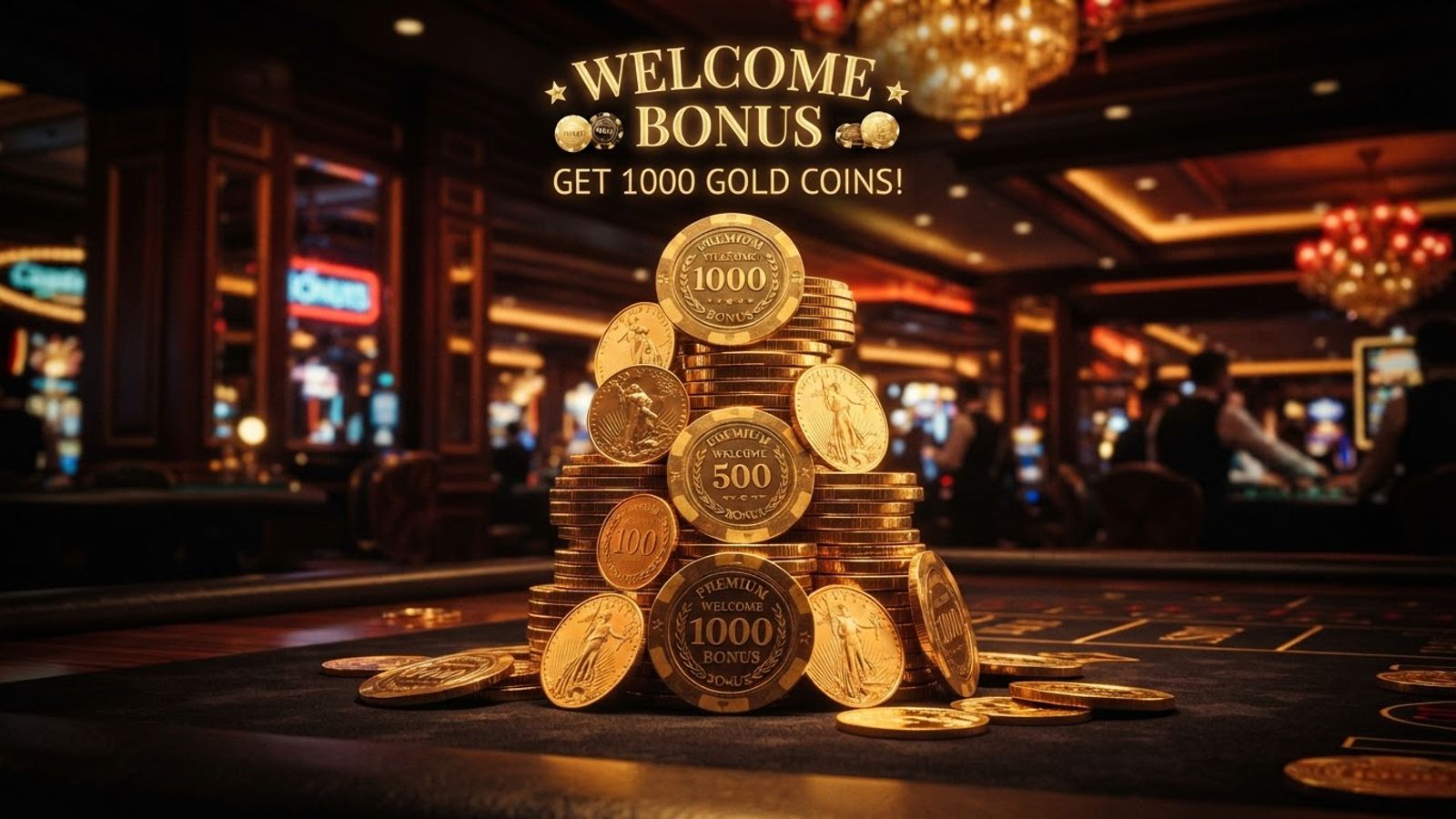 Pièces d'or et jetons de casino sur fond sombre